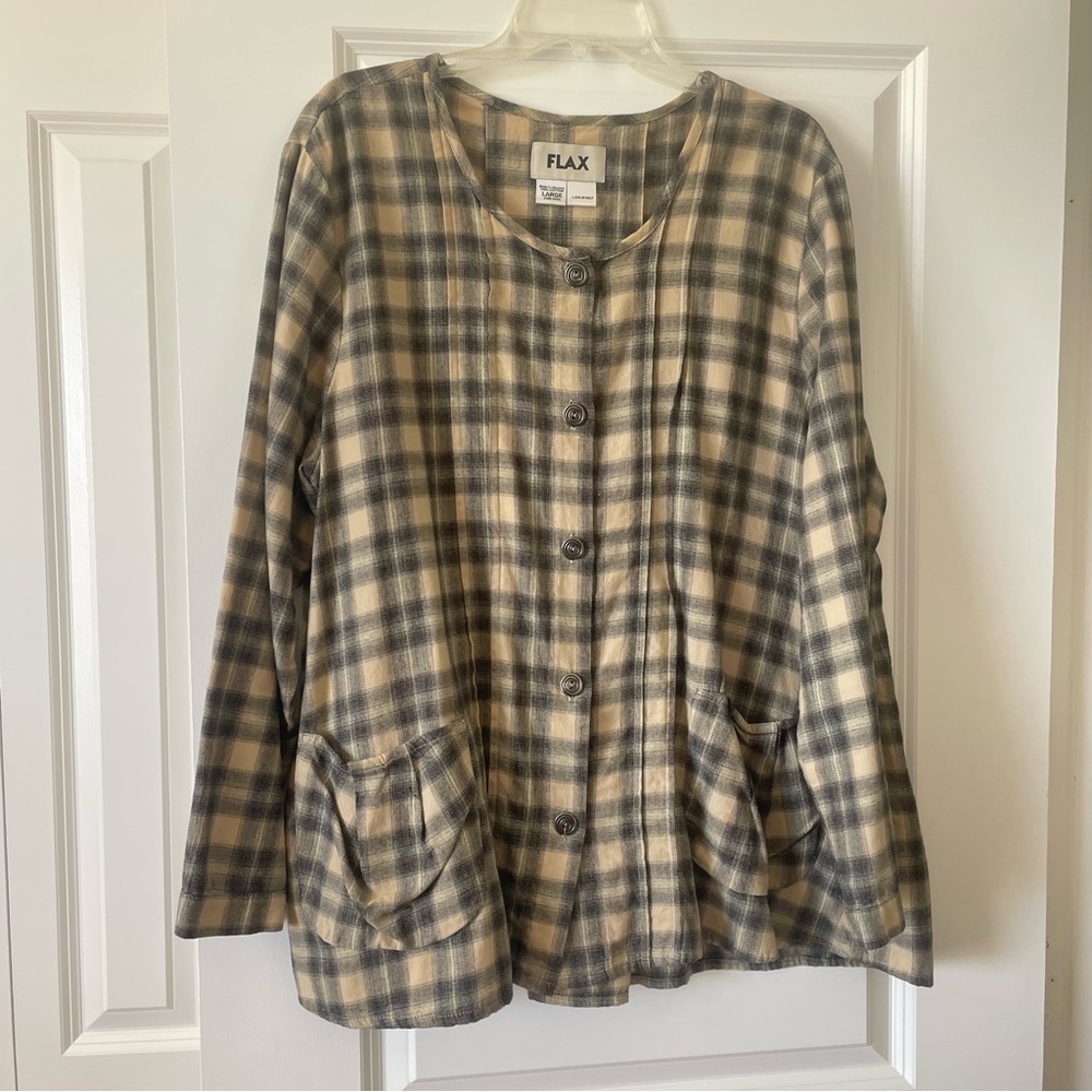 Flax Plaid Flannel Long Sleeve Tunic Top Shirt